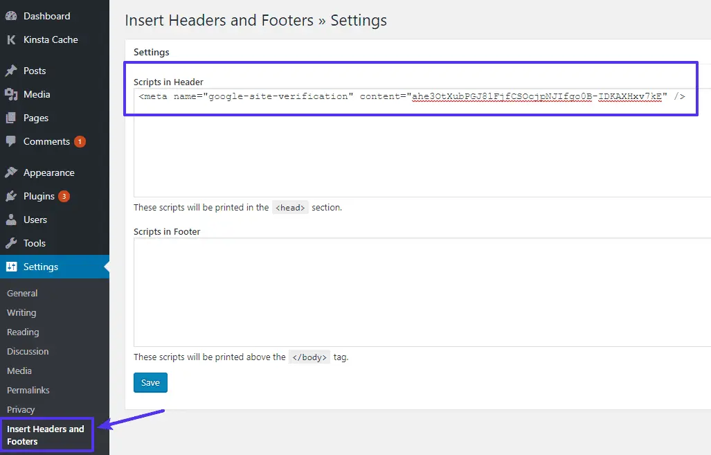 Add the Meta Tag Using Insert Headers And Footers-Google Search Console Complete Guide 2023