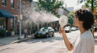 Licensable picture: Visitors cool off with a mister fan in Philadelphia on July 3, 2026.